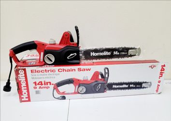 Homelite electric chain saw with a 9 Amp motor and a 14-inch bar. This red and black tool has a tool-free chain tensioner and an automatic bar and cha