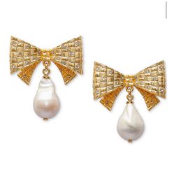 kate spade Gold-Tone Wrapped in a Bow Imitation Pearl Drop Earrings/nwt