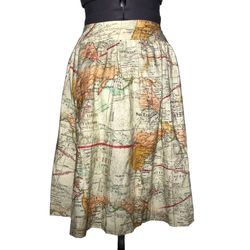 Vintage Map Print Skirt Cotton Full A-Line Globe Travel Pocket Zipper M