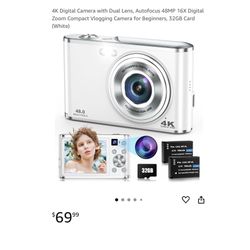 Brand new 4K Digital Camera with Dual Lens, Autofocus 48MP 16X Digital Zoom Compact Vlogging Camera for Beginners, 32GB Card (White)  Whitestone/Flush