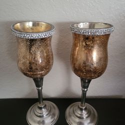 Set of 2 Gold & Silver Sparkly Candle Holders