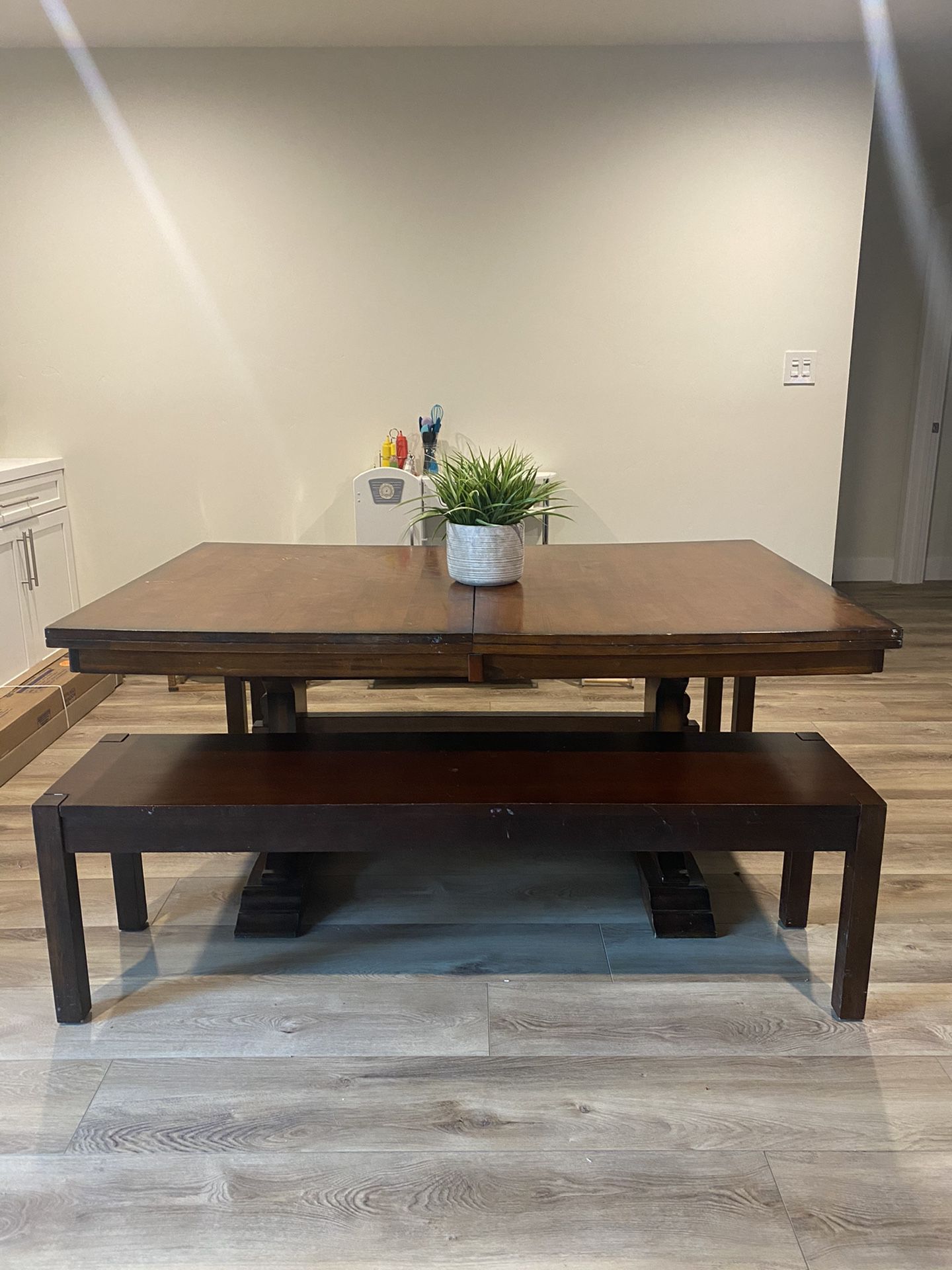Wood dining kitchen table with extender leaf and 2 benches