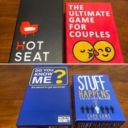 4 fun games: hot seat - the ultimate game for couples - do you know me and stuff happens  Barely used. All in the box with all cards and pieces 