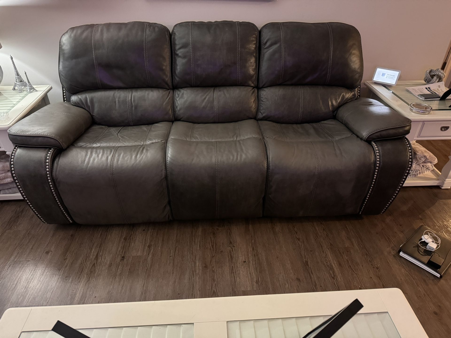 Gray Leather Reclining Couch For Sale