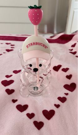 New Starbucks Pink strawberry bear glass cup
