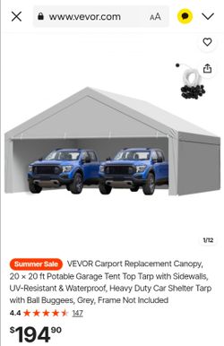 VEVOR Carport Replacement Canopy, 20 x 20 ft Potable Garage Tent Top Tarp with Sidewalls, UV-Resistant & Waterproof, Heavy Duty Car Shelter Tarp with 