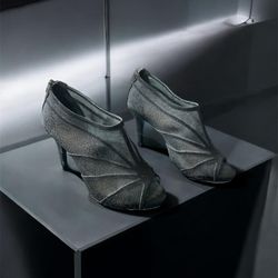 Black Mesh Peep-Toe Heeled Booties with Zippered Back Size 7
