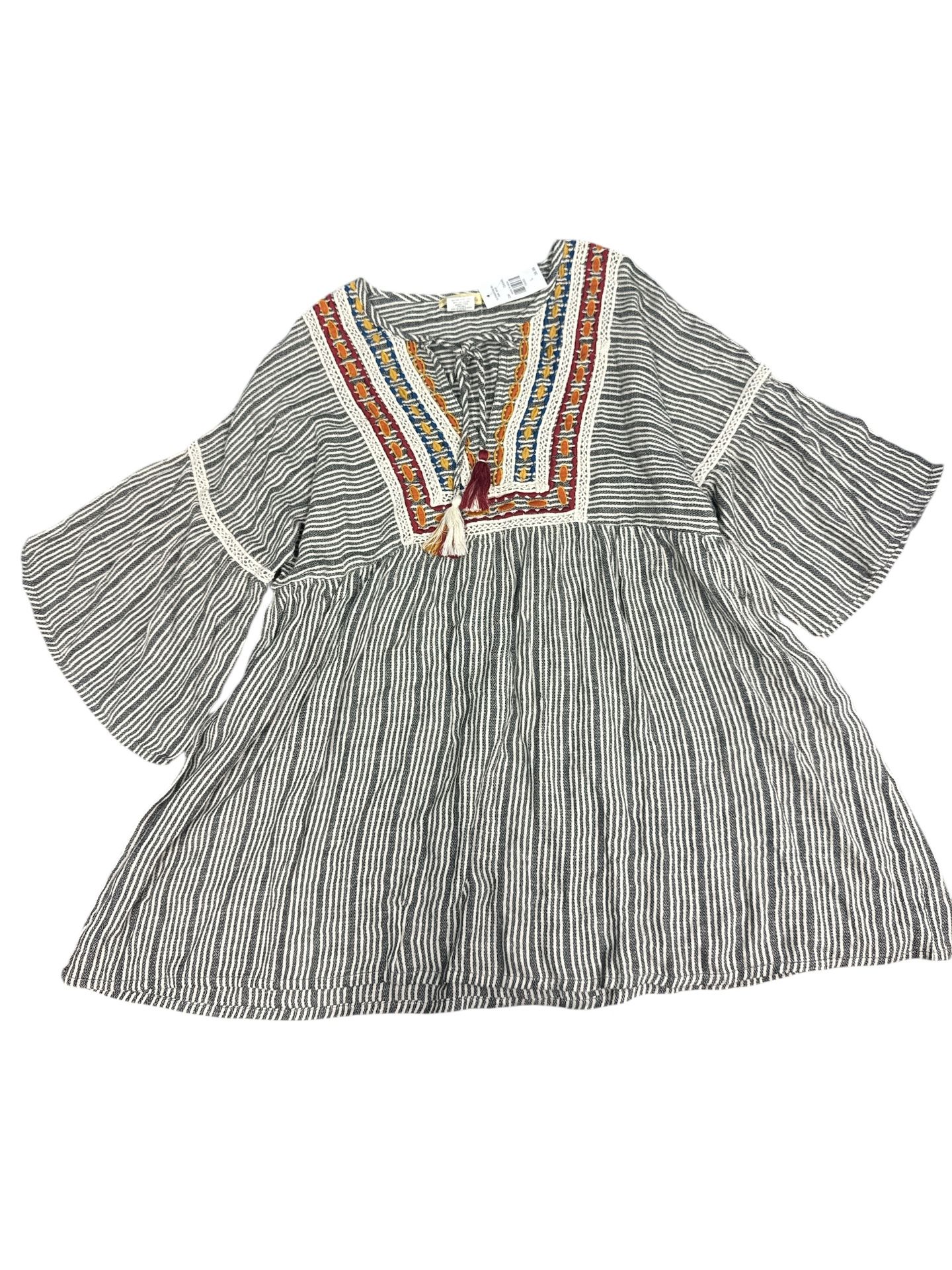 Sweet Magnolia Boho Tunic Blue Stripe Embroidered 3/4 Bell Sleeve Large