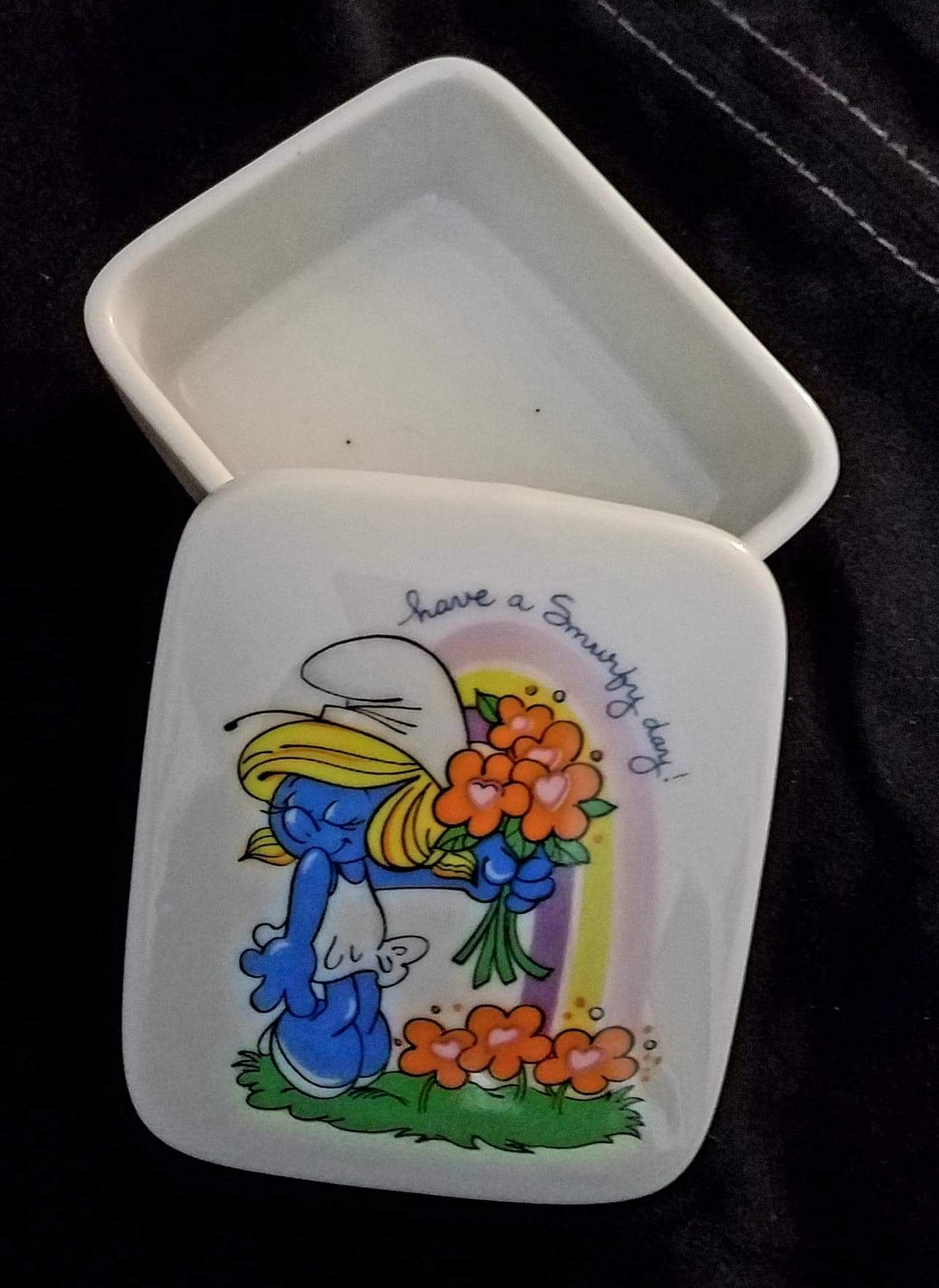 Vintage Smurf Ceramic Collectibles Porcelain Trinket Box Container w/lid Smurfette Smurfy Day