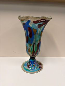 Vibrant Multi-Color Art Glass Pedestal Vase with Flared Rim