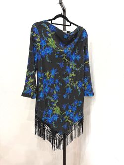 Maggie Sweet Large Blue Black Floral Print Asymmetrical Tunic Dress with Fringe