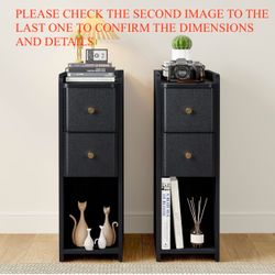 Brand New in Box - Set of 2 Black Narrow 2-Drawer Nightstands / Slim End Tables
