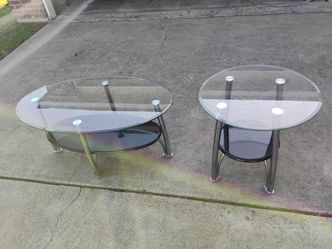 TWO USED Glass and Metal ART DECO Two-Tier TABLES/ Big one is 45.5"L X 27.5"W X 20.5"H and Little one is 25"H X 26"W