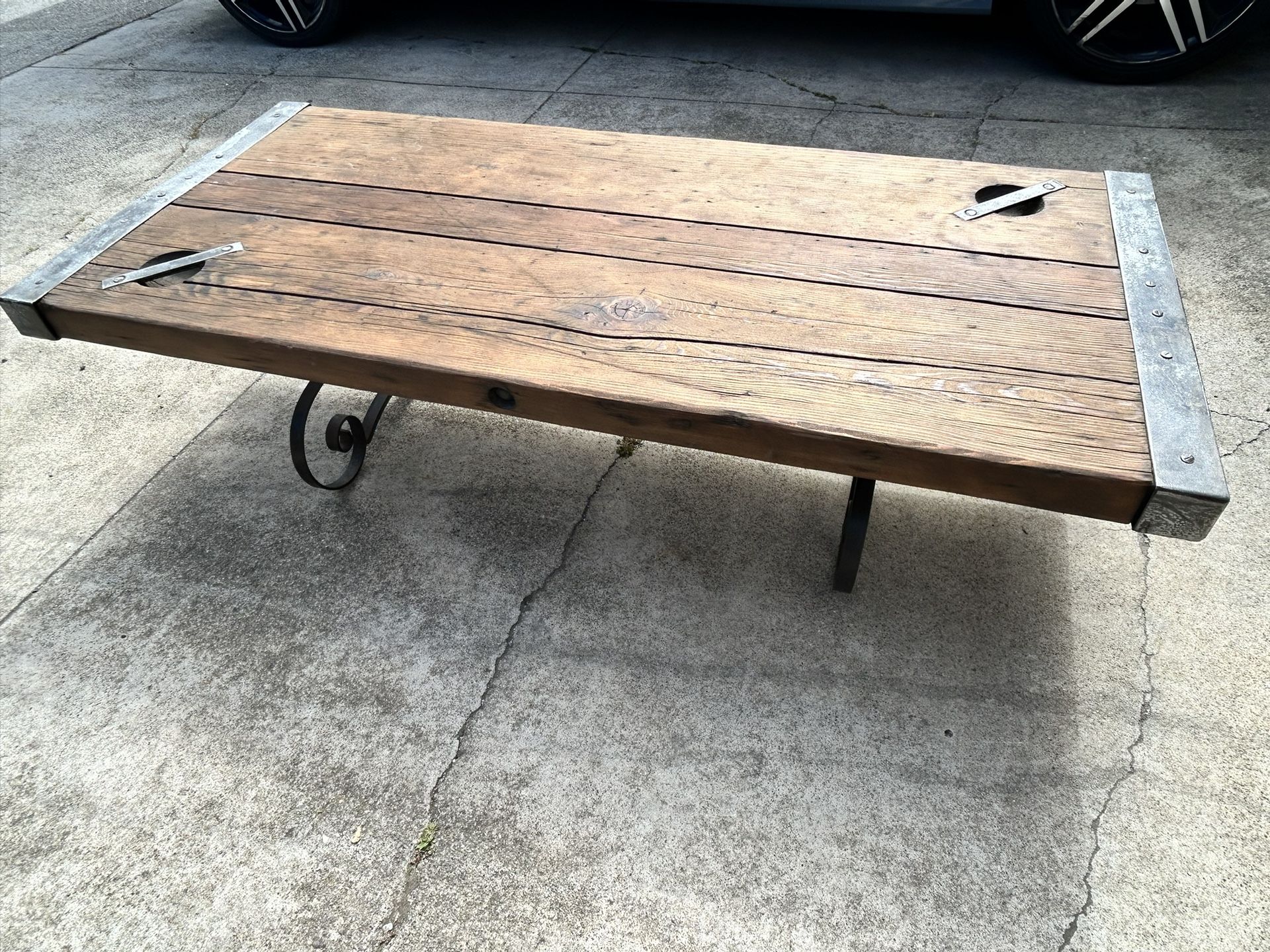 Authentic Liberty Ship Hatch Cover Coffee Table - * ORIGINAL WWII MARITIME SALVAGE * w/ Wrought Iron Legs 59” L x 27” W x 16” H