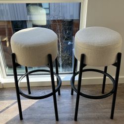 Bar Height Barstools - White Boucle Fabric And Black Metal