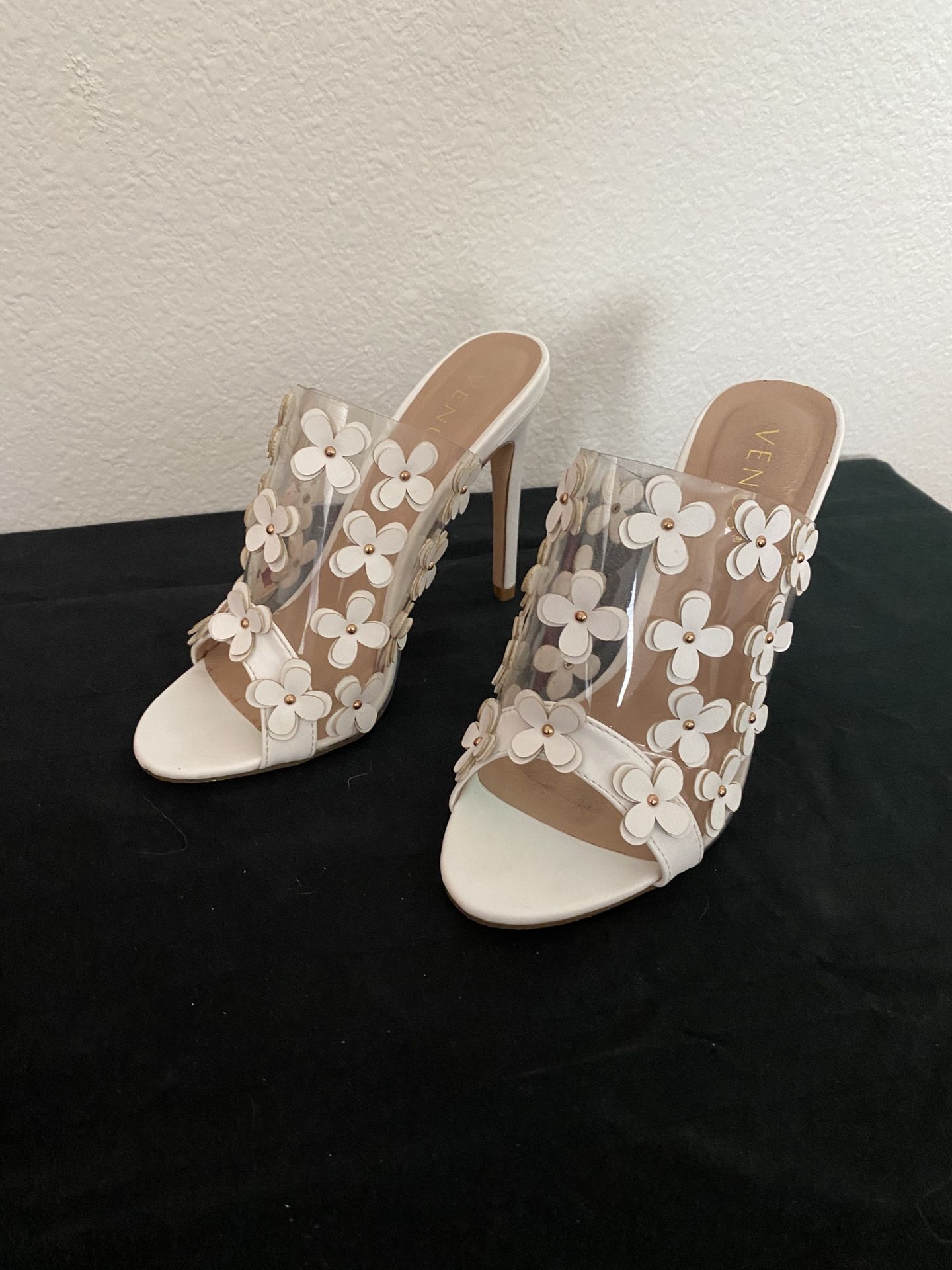 White Floral Open Toe Heels