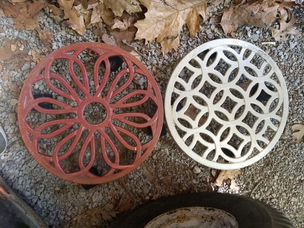 2 - 12" dia plant caddy holders with wheels, cast iron