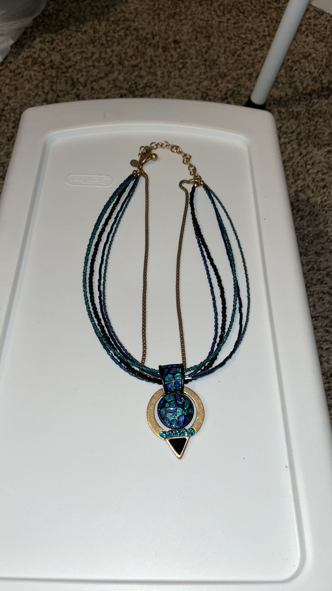 CHICOS Blue Enamel & Rhinestone Seed Bead Multi Strand Pendant Necklace