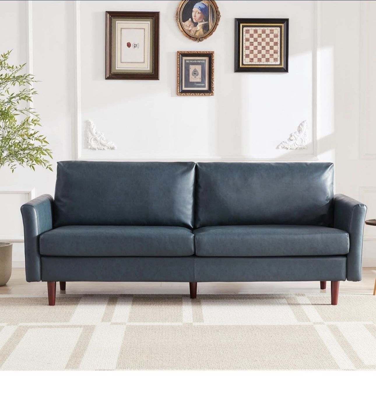 Brand New 80" Faux Leather Sofa, 3 Seater Leather Couch with Cozy Wide Seats (color-blue)