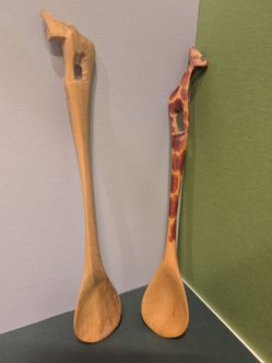 Hand-Carved African Wooden Spoons (Set of 2) - 7" Giraffe & Elephant