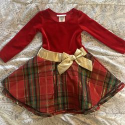 Toddler Girl Long Sleeve Red Velvet & Plaid  Christmas Dress Size 2T