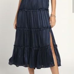 Lulus Day for Romance Navy Blue Tie-Strap Tiered Midi Dress