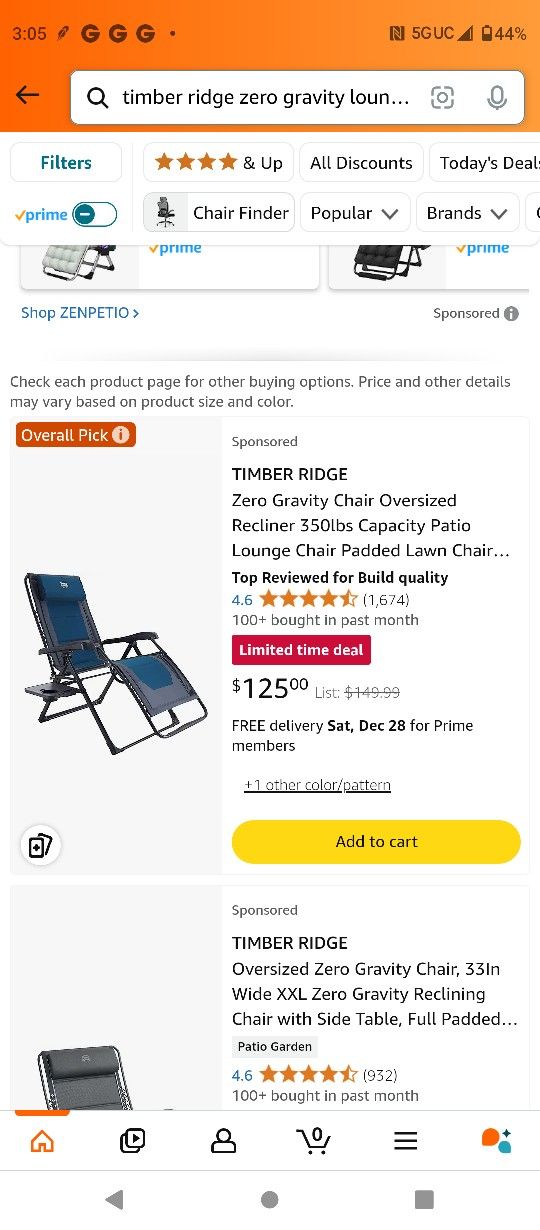 2 Timber Ridge Zero Gravity Recliner Lawn Chairs