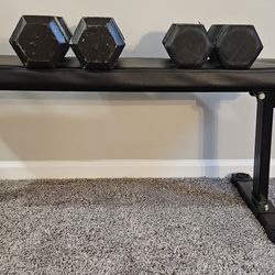 Workout Bench + 20lbs And 35lbs Steel Barbell Weights 