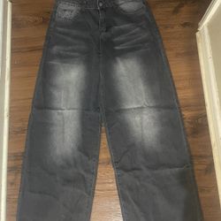 Men’s Wide-Leg Acid Wash Black Denim Jeans Graphic Print 5-Pocket Design