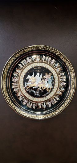 Vintage hand made wall plate Ibiscus ceramic 24 carat gold inserts