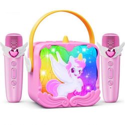 “New”Pink Unicorn (Bluetooth)mini karaoke machine w/2 wireless mics
