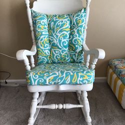 Vintage Distressed White Rocker With Modern New Cushions 