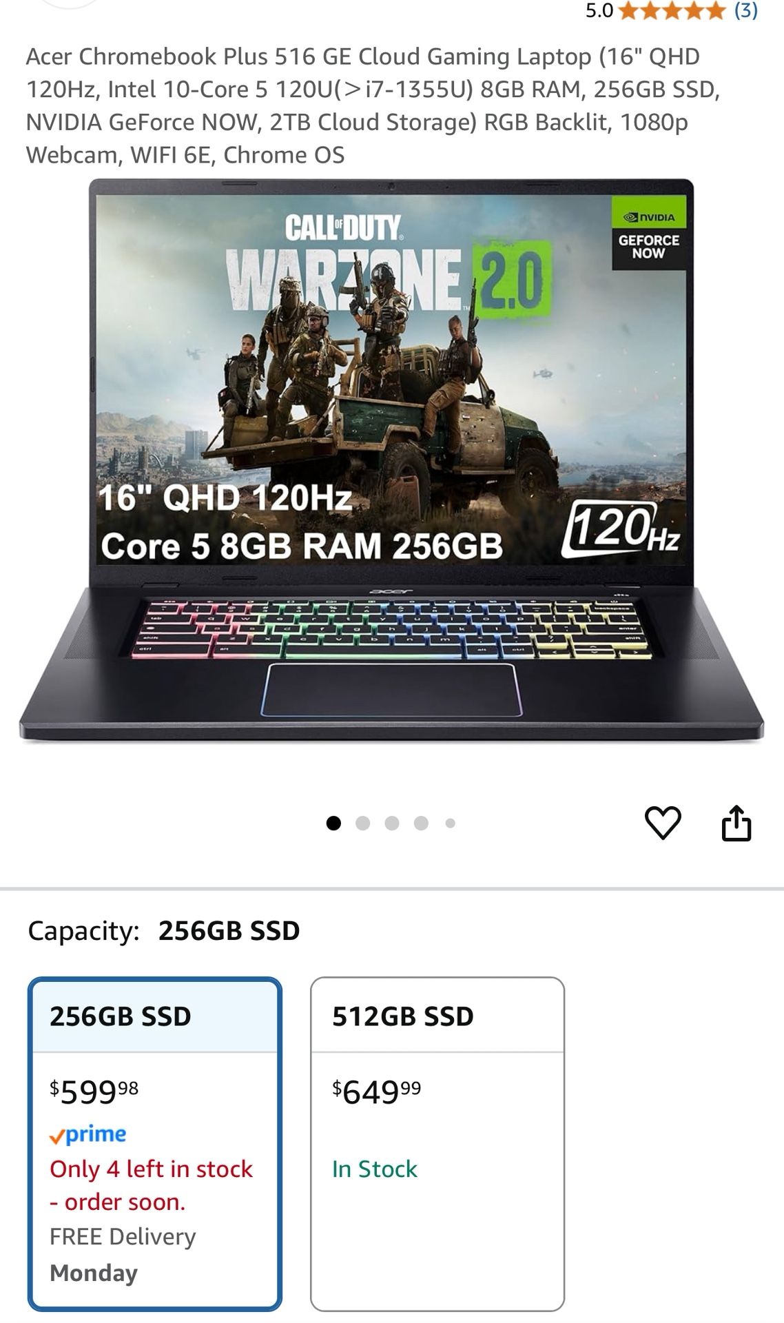 Acer - Chromebook Plus 516 GE Cloud Gaming Laptop with Google AI- 16" 2560x1600 120Hz - Intel Core 5 120U - 8GB RAM - 256GB SSD - Obsidian Black