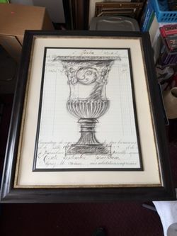 Pier 1 Large Framed Art – Ornate French Urn Sketch on Vintage Script, Black & Cream