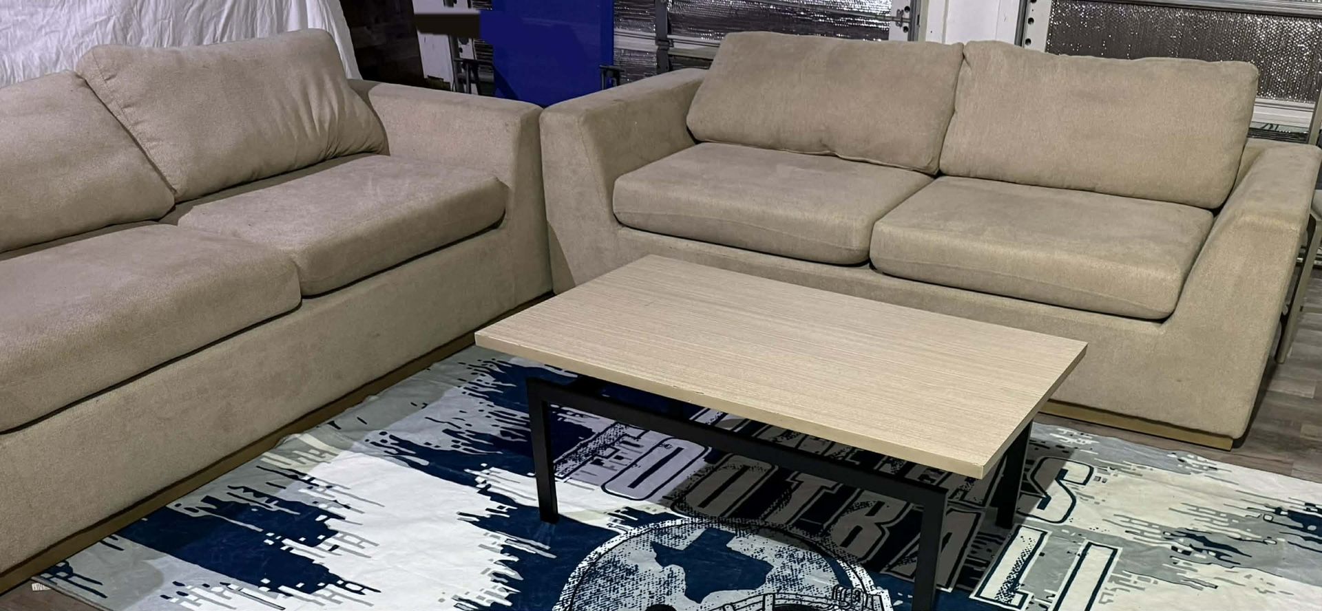 Beige Woven Wool Sofa Set With Wood Base- DELIVERY AVAILABLE 