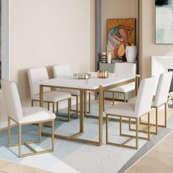 TOPMAX Modern Dining Table Set for 6 Faux Marble Kitchen Table Set with 6 Upholstered Dining Chairs, 7-Piece, White+Golden