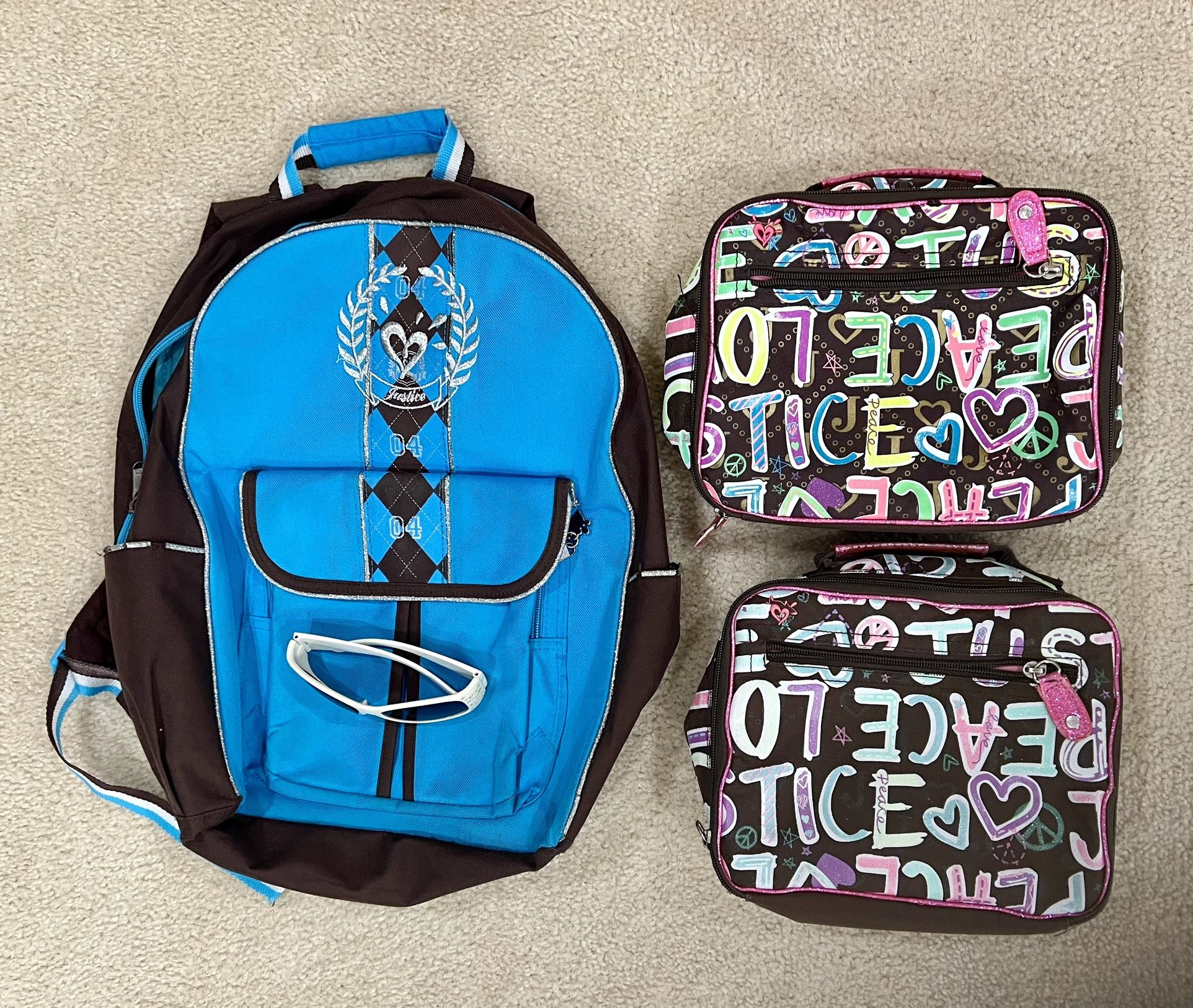 Justice backpack, 2 Lunch Bags, Sunglasses