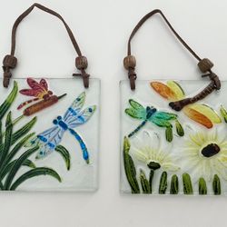 Two Beautiful Dragonfly Suncatchers Reverse Painted Glass Tile Art with Leather Straps
