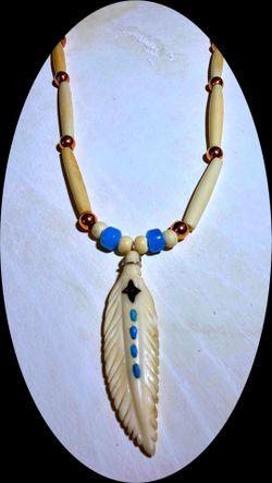 Carved Feather Pendant Beaded Necklace