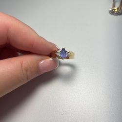 14K Yellow Gold Mock Trillian Ring with Marquise Tanzanite and Round Diamonds