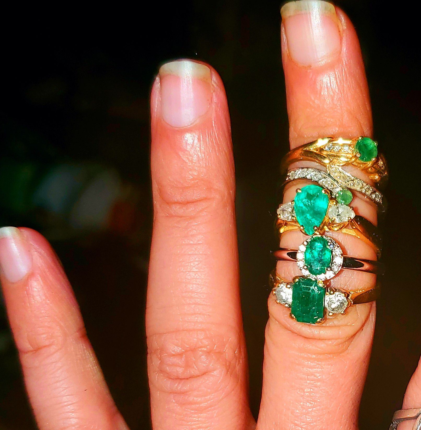 REAL STAMPED GOLD & EMERALD W/ DIAMOND ENGAGEMENT RINGS