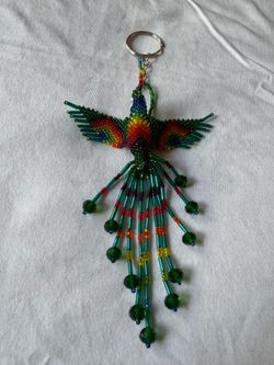 Huichol Beaded Hummingbird Keychain Handmade Bird Key Ring Mexican Folk Art 6” Purple Rainbow