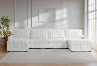 168" Striped Faux Fur Fabric Fluffy Modular Sectional Sofa