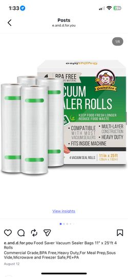 Food Saver Vacuum Sealer Bags 11” x 25’ft 4 Rolls Commercial Grade,BPA Free,Heavy Duty,For Meal Prep,Sous Vide,Microwave and Freezer Safe,PE+PA