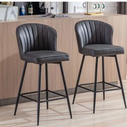 Counter Height Bar Stools Set of 2 Modern Bar Chairs with Back Leather Upholstered Barstools with Metal Footrest Comfortable Island Chairs for Kitchen