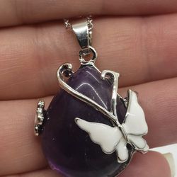Natural Amethyst Silver Butterfly Necklace 