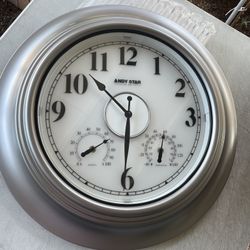 ANDY STAR 21 Inch Silver Illuminated Outdoor Wall Clock Waterproof with Thermometer and Hygrometer, Oversized Battery Operated Round Wall Clock, Big S