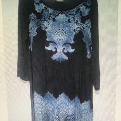 Vanilla Star Women's Large Black & Blue Paisley Medium Sleeve Beaded Rayon Dress