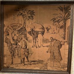 Antique 18th Century Moroccan Men w/ Camels woven Tapestry in Wood Frame 54”x54” 