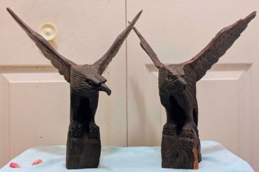(2) Vintage 1960s Hand-Carved MCM Iron Wood American Bald Eagle Sculpture/Statues